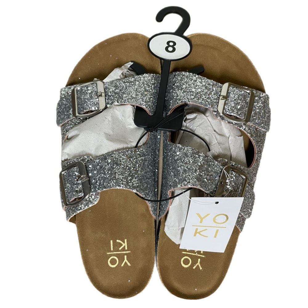 STROLL SEQUIN DOUBLE BUCKLE FLATS SLIDE SANDALS SILVER NWT! - Picture 9 of 11